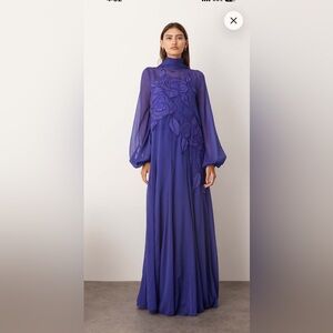 ARRANGE applique floral tie neck blouson sleeve trapeze maxi dress